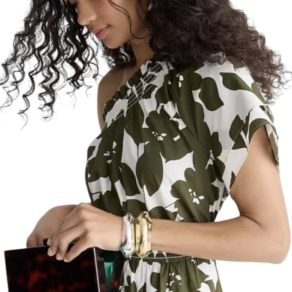 J Crew Dress WMNS S Green Leafy Floral Smocked Cotton Poplin One‎ Shoulder BR404
